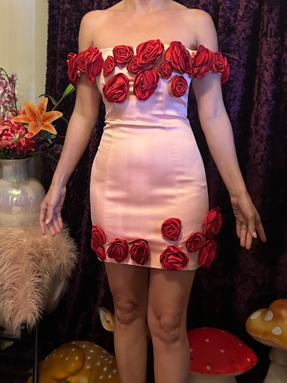 Off-Shoulder Pink Rose Appliqué Mini Dress